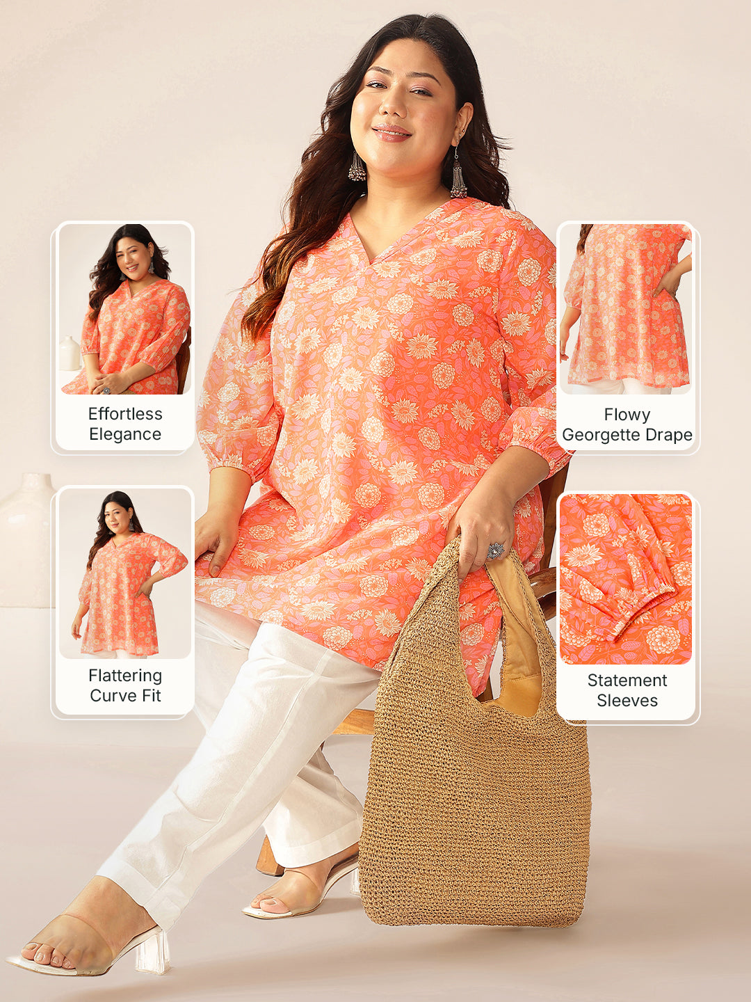 Plus Size Peach Georgette Floral Printed A-line Tunic