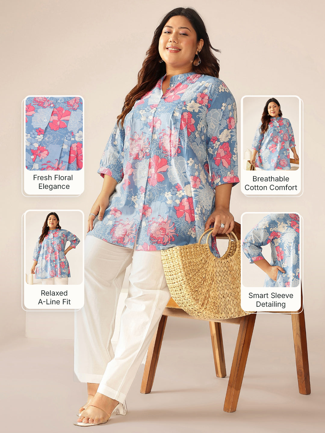Plus Size Blue Pure Cotton Floral Printed A-line Tunic