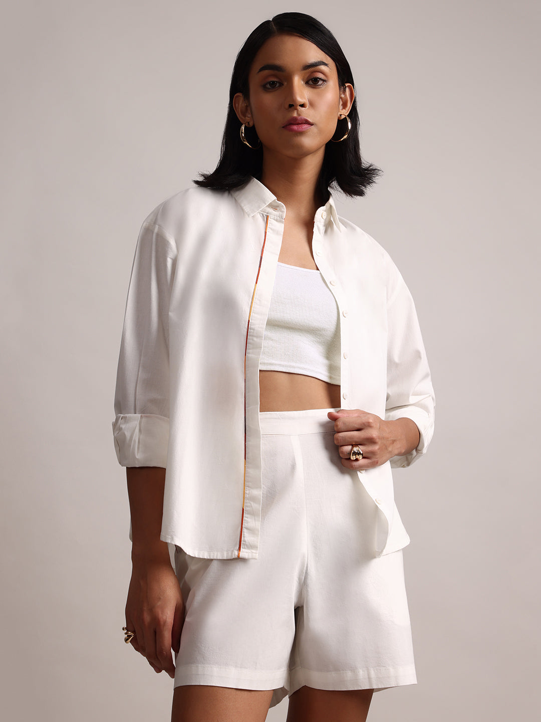 White Cotton Solid Shirt Style Co-Ord Set