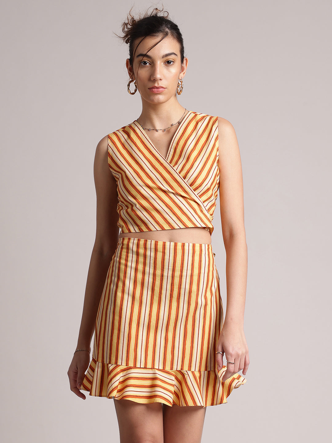 Yellow Cotton Striped Wrap Co-Ord Set