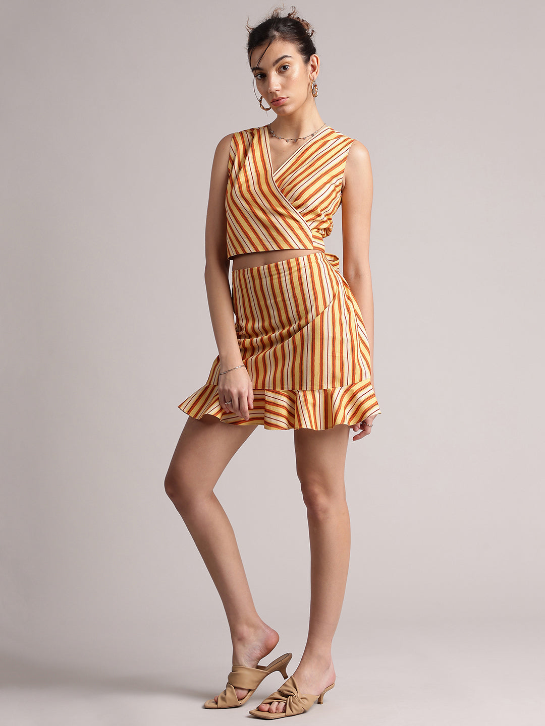 Yellow Cotton Striped Wrap Co-Ord Set