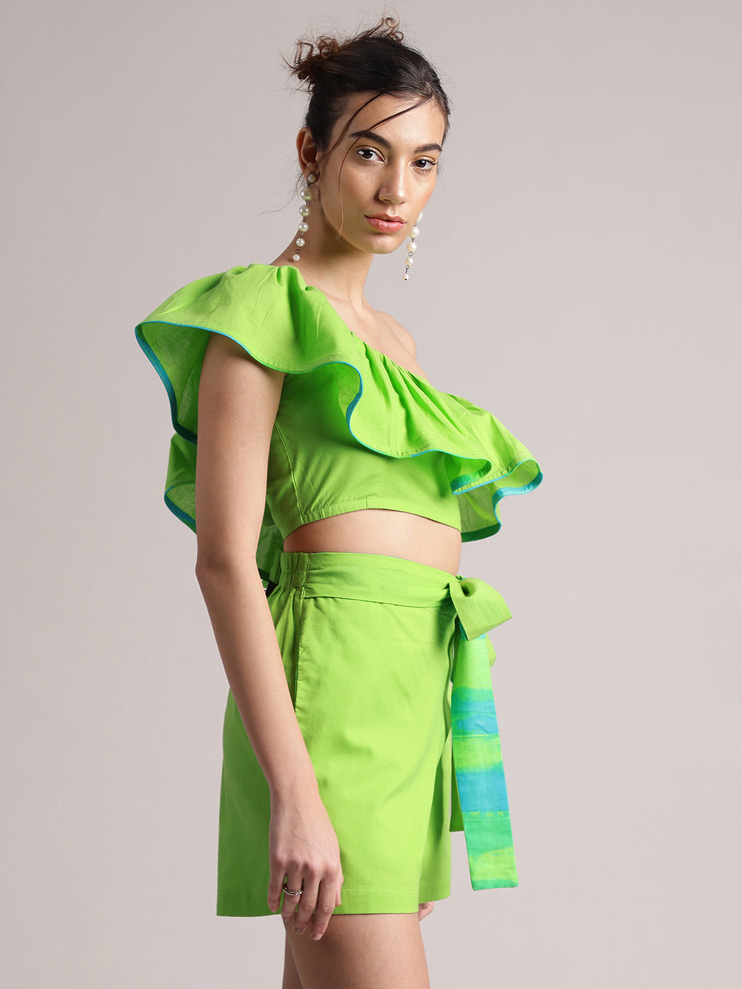 Lime Green Cotton Solid One Shoulder Co-Ord Set