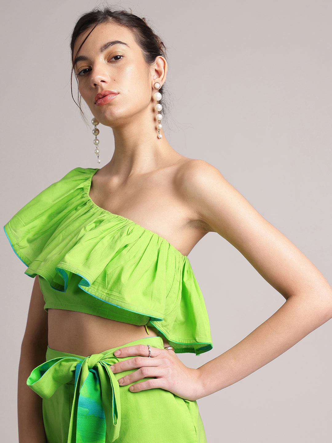 Lime Green Cotton Solid One Shoulder Co-Ord Set