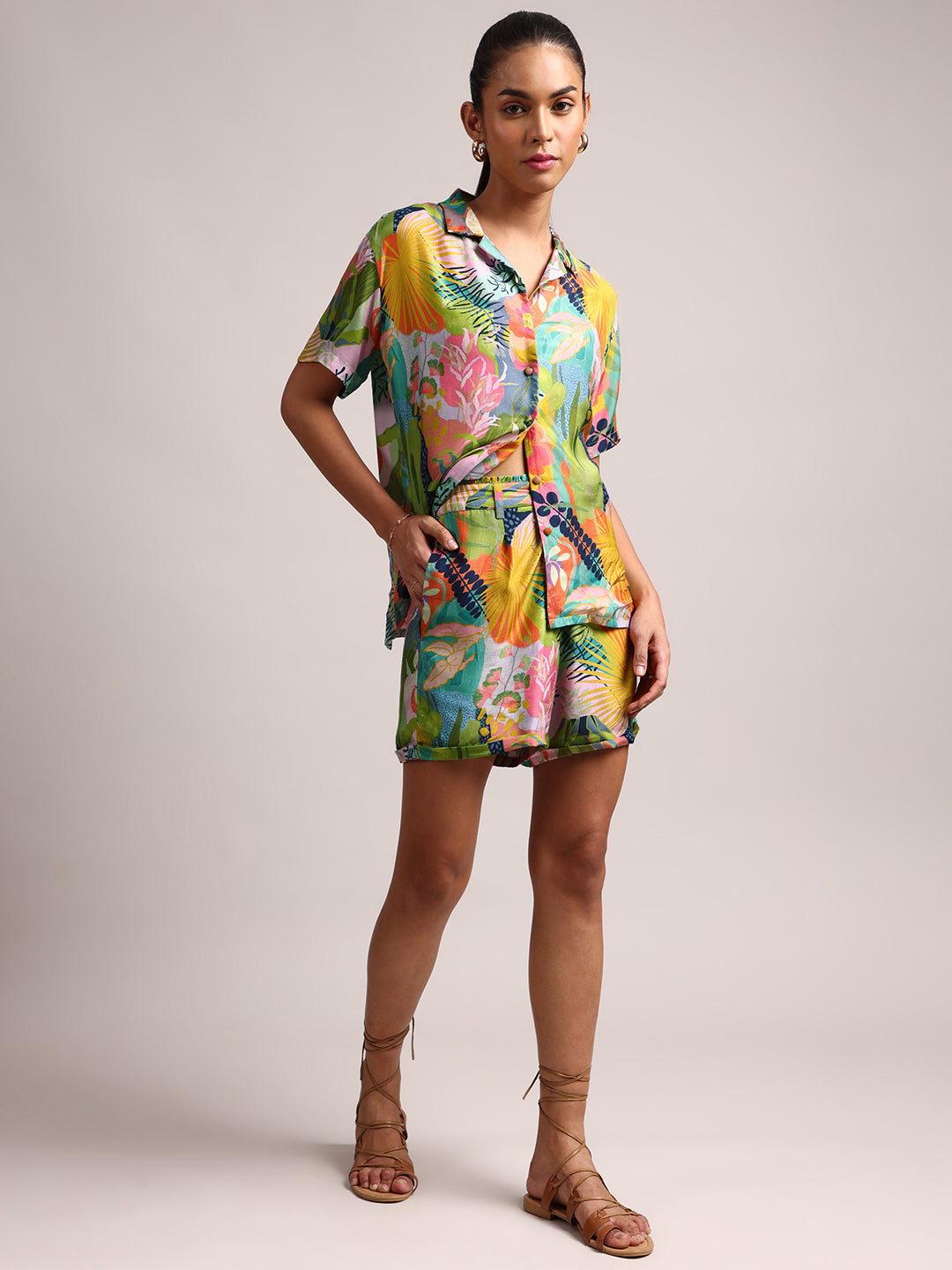 Multicolor Muslin Tropical Floral Print Shirt Co-Ord Set