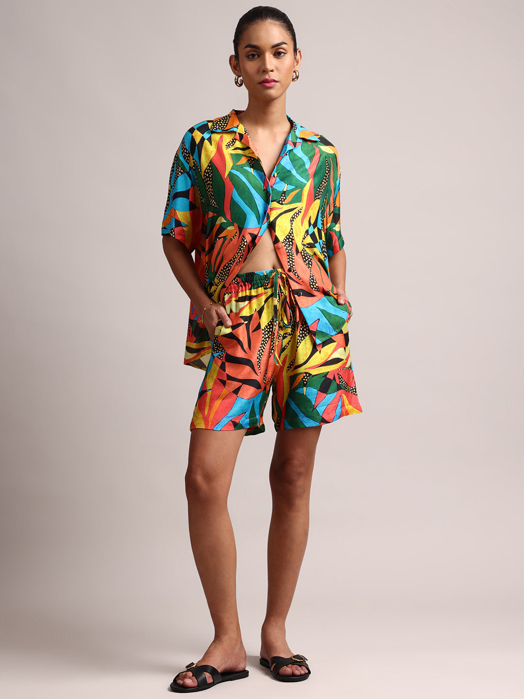 Multicoloured Muslin Tropical Shirt Styles Co-ords Set