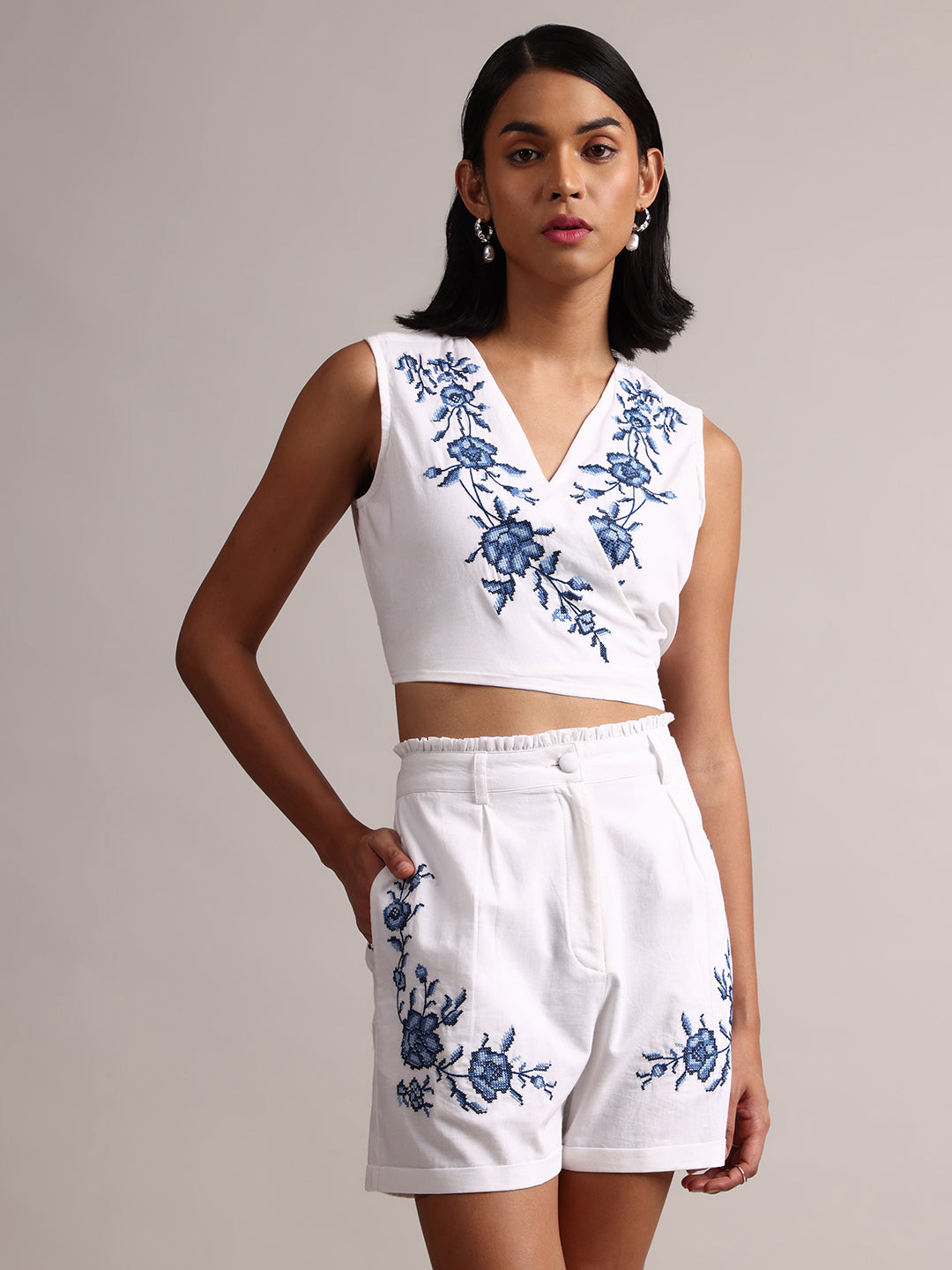 White Cotton Embroidered Wrap Back Tie-Up Co-Ord Set