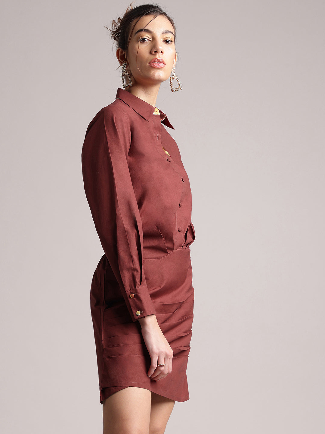 Brown Pure Cotton Solid Pleated Dress