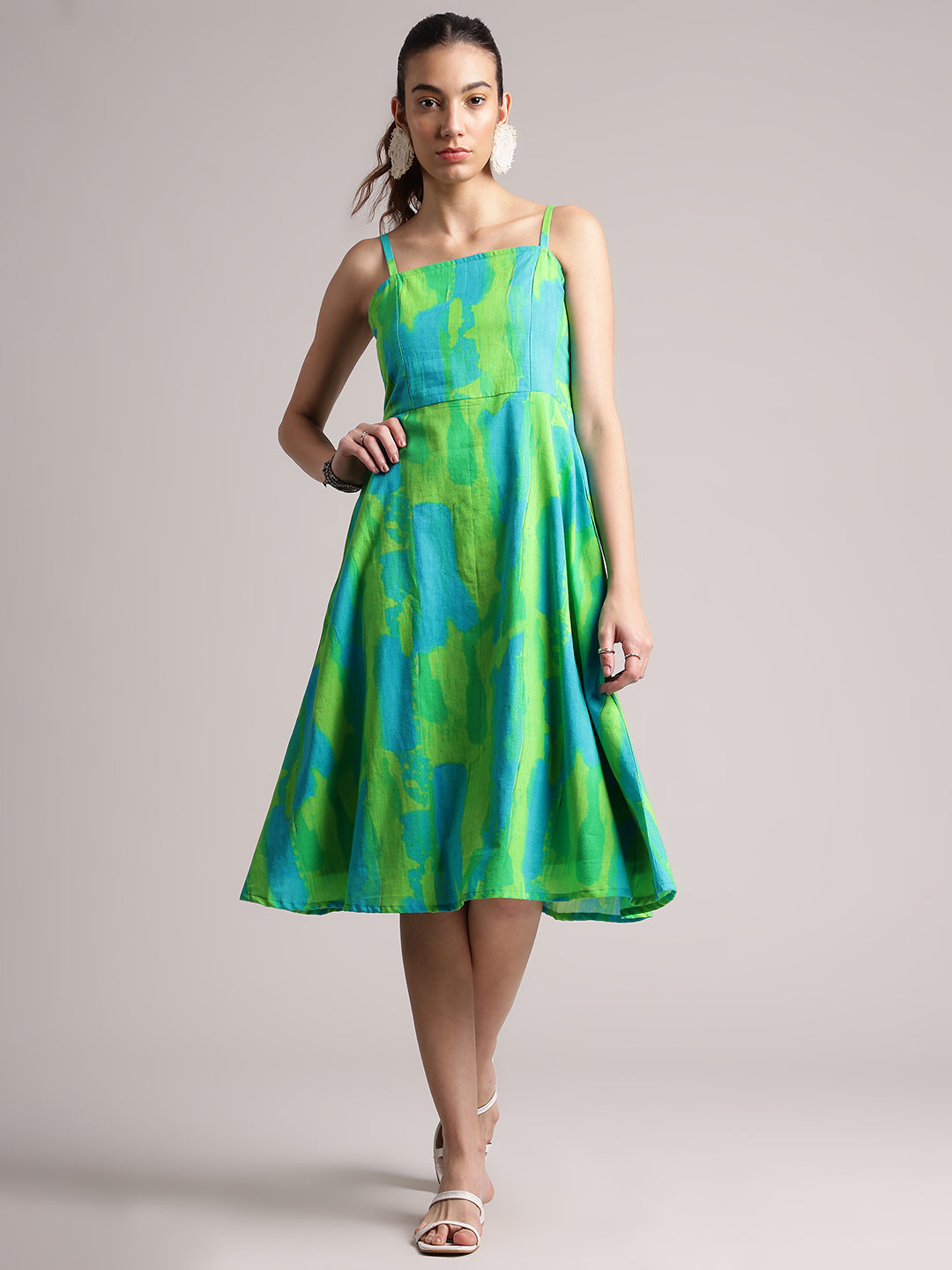 Lime Cotton Abstract A-Line Dress