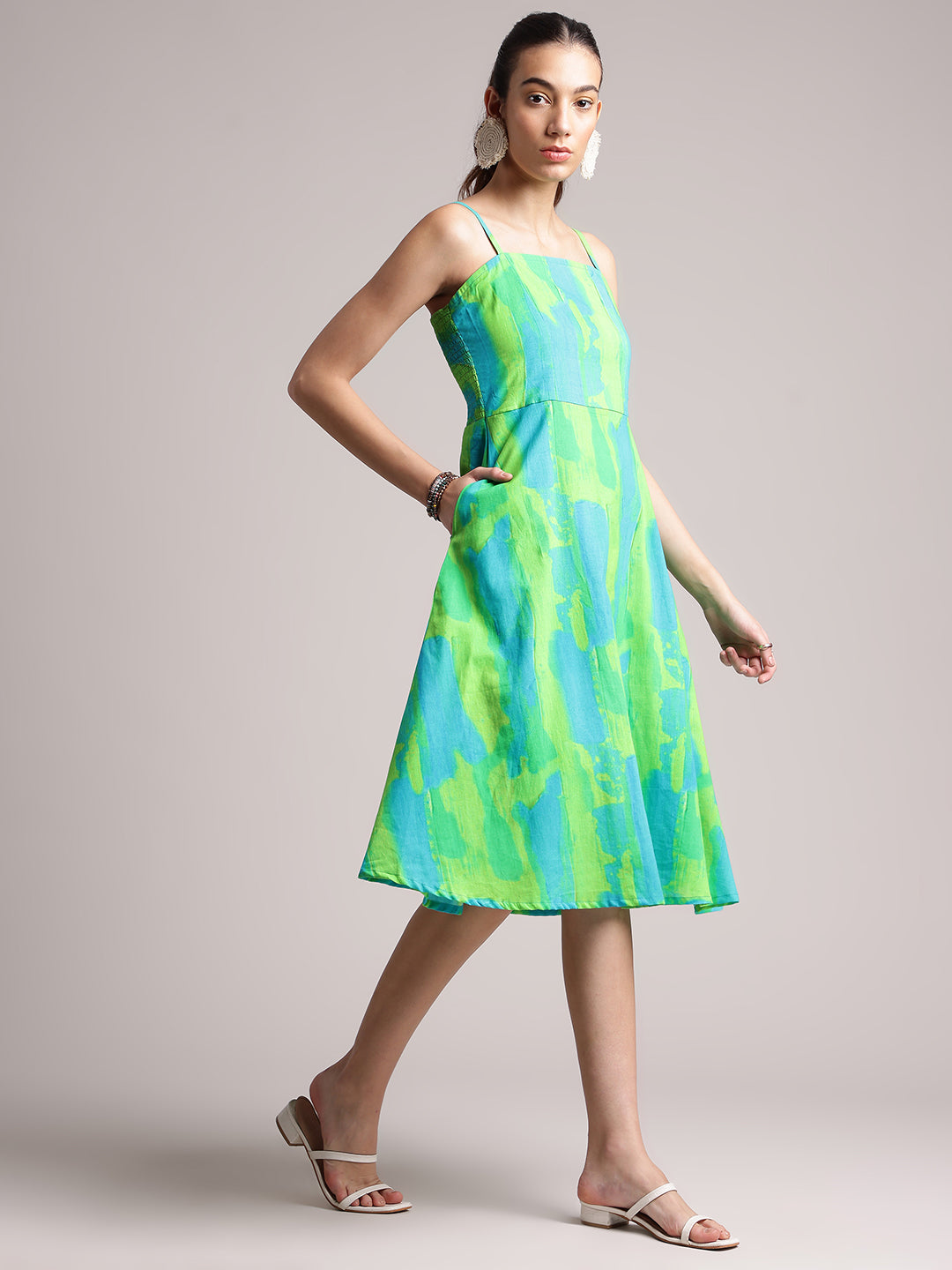 Lime Cotton Abstract A-Line Dress