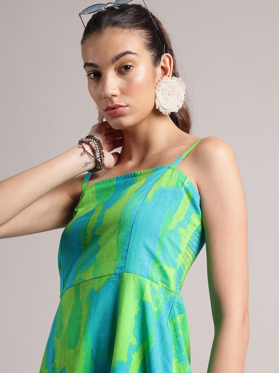 Lime Cotton Abstract A-Line Dress