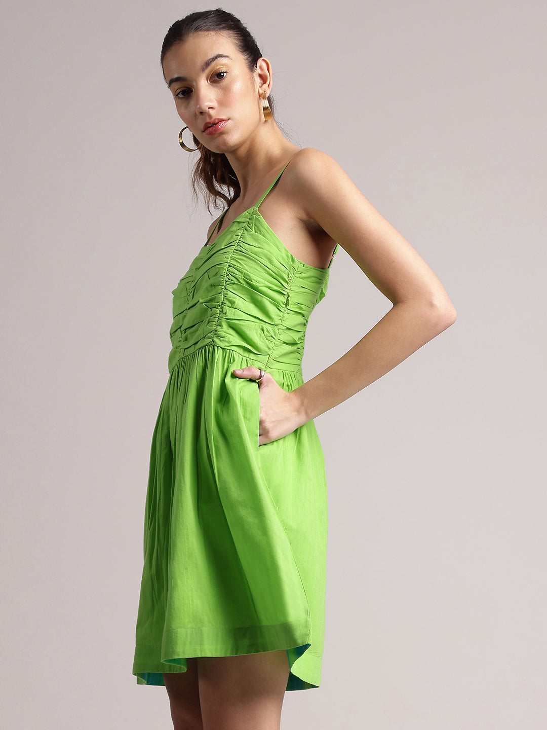 Lime Cotton Solid Fit & Flare Dress