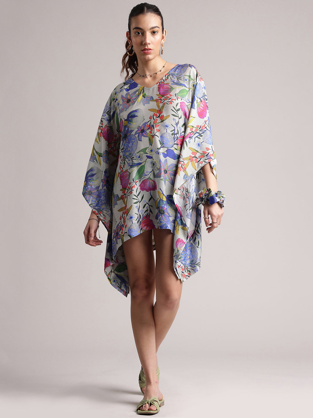 Grey Muslin Tropical Kaftan Dress