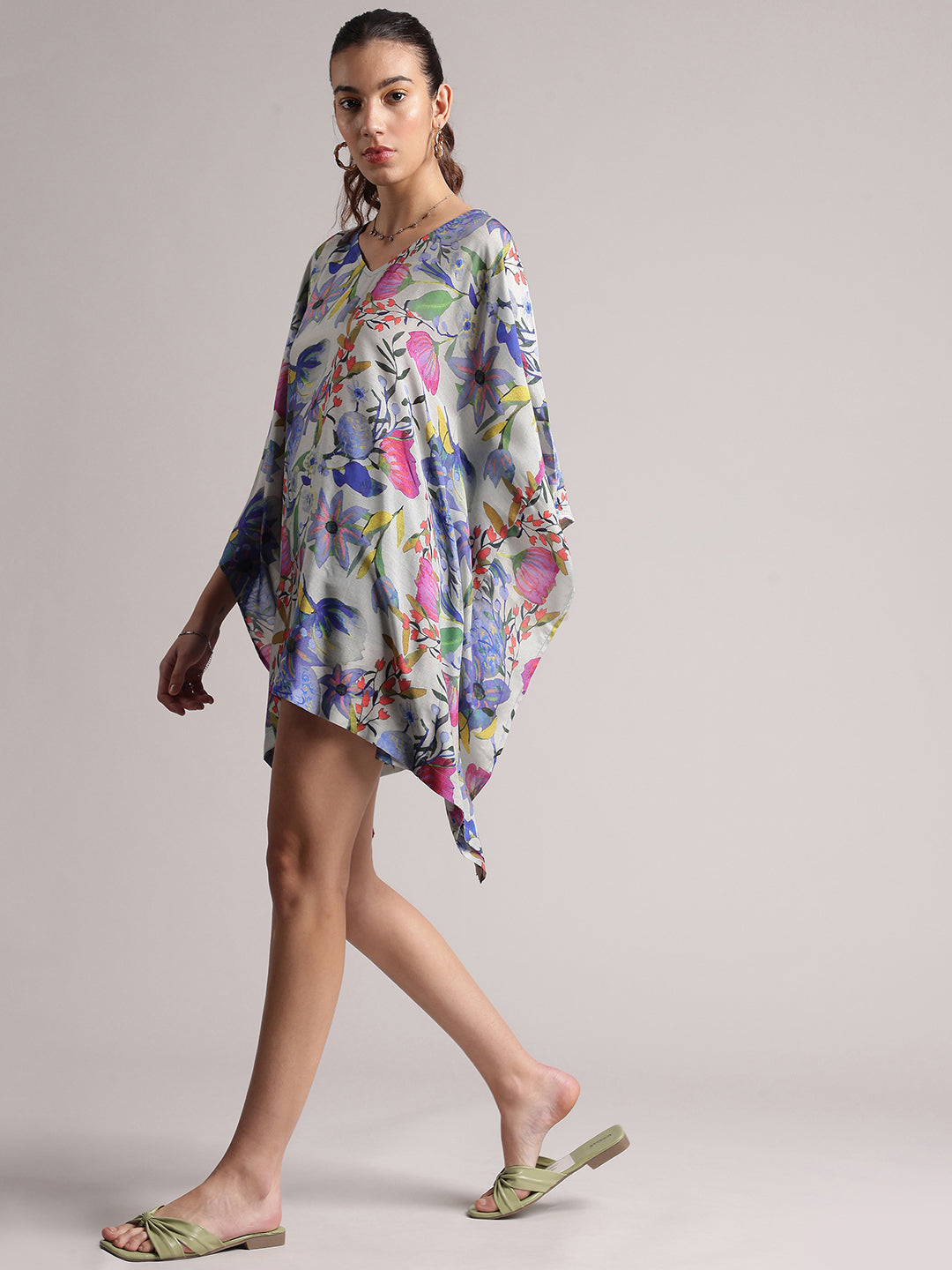 Grey Muslin Tropical Kaftan Dress