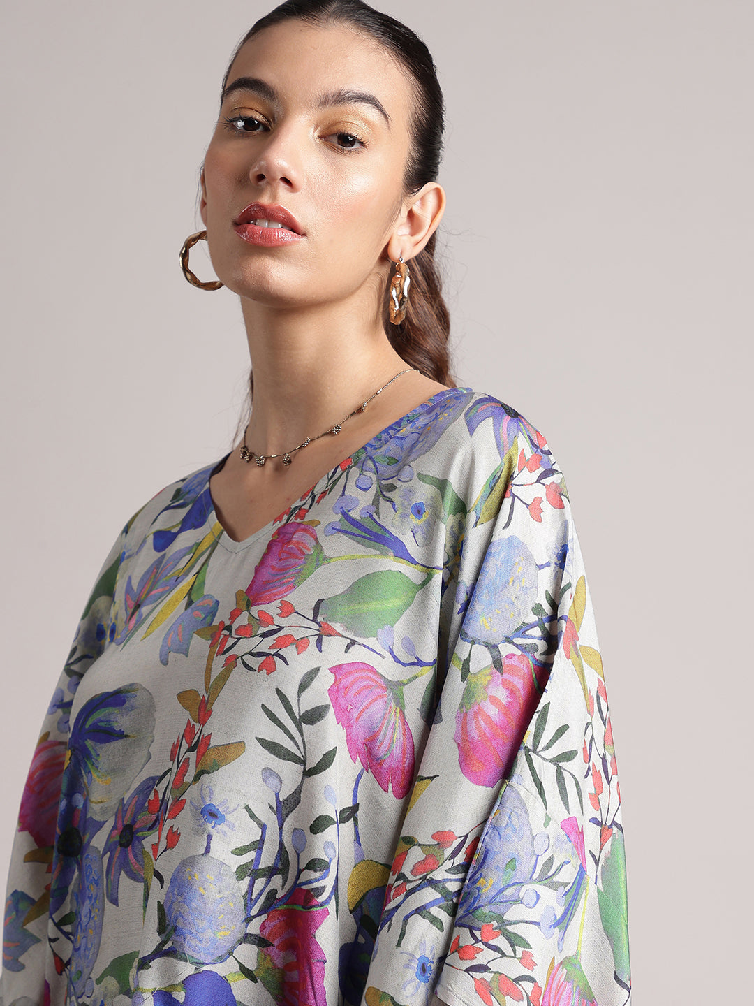 Grey Muslin Tropical Kaftan Dress