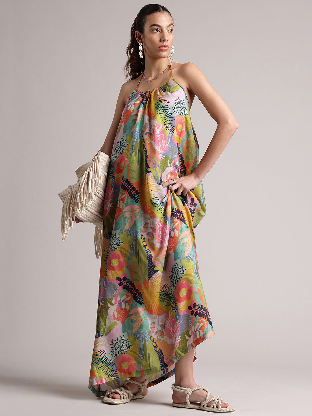 Multicolor Muslin Tropical Maxi Dress