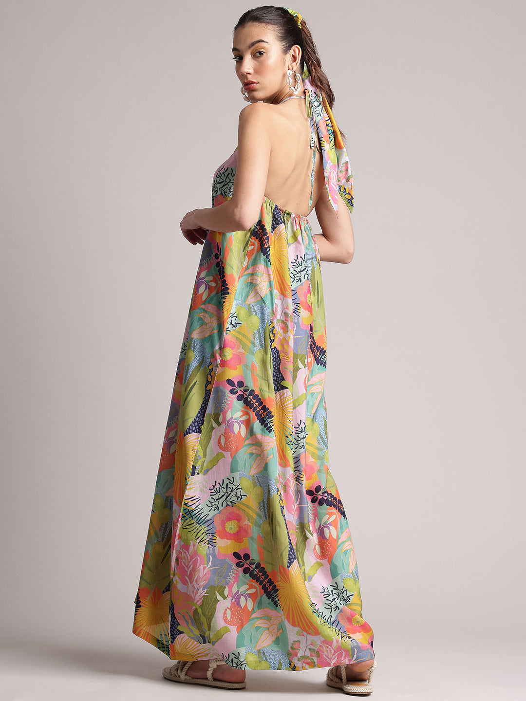 Multicolor Muslin Tropical Maxi Dress