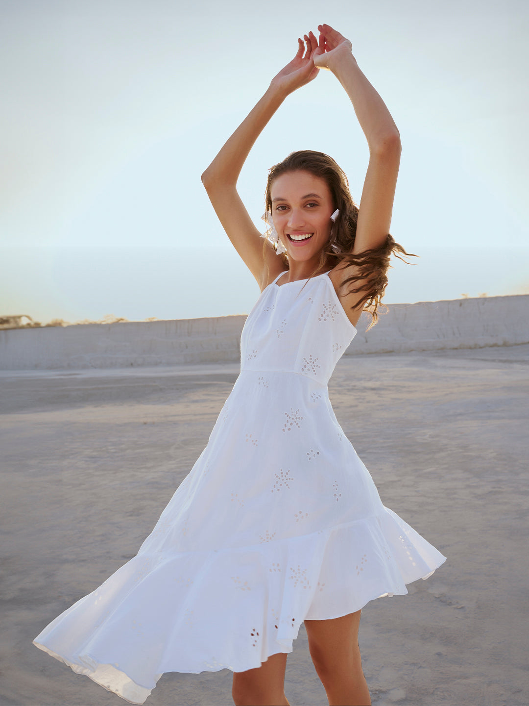 White Cotton Schiffli Asymmetric Dress