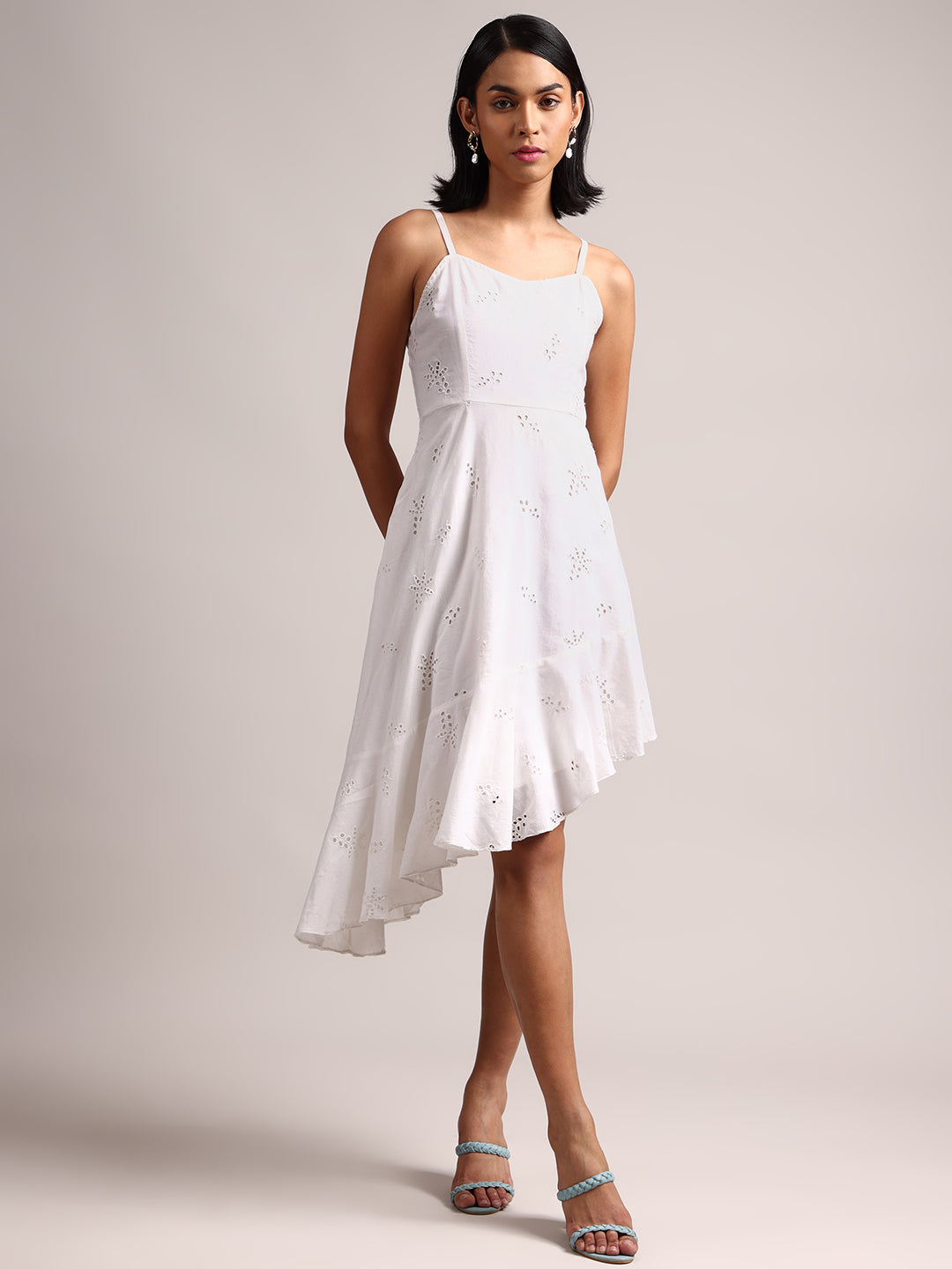 White Cotton Schiffli Asymmetric Dress