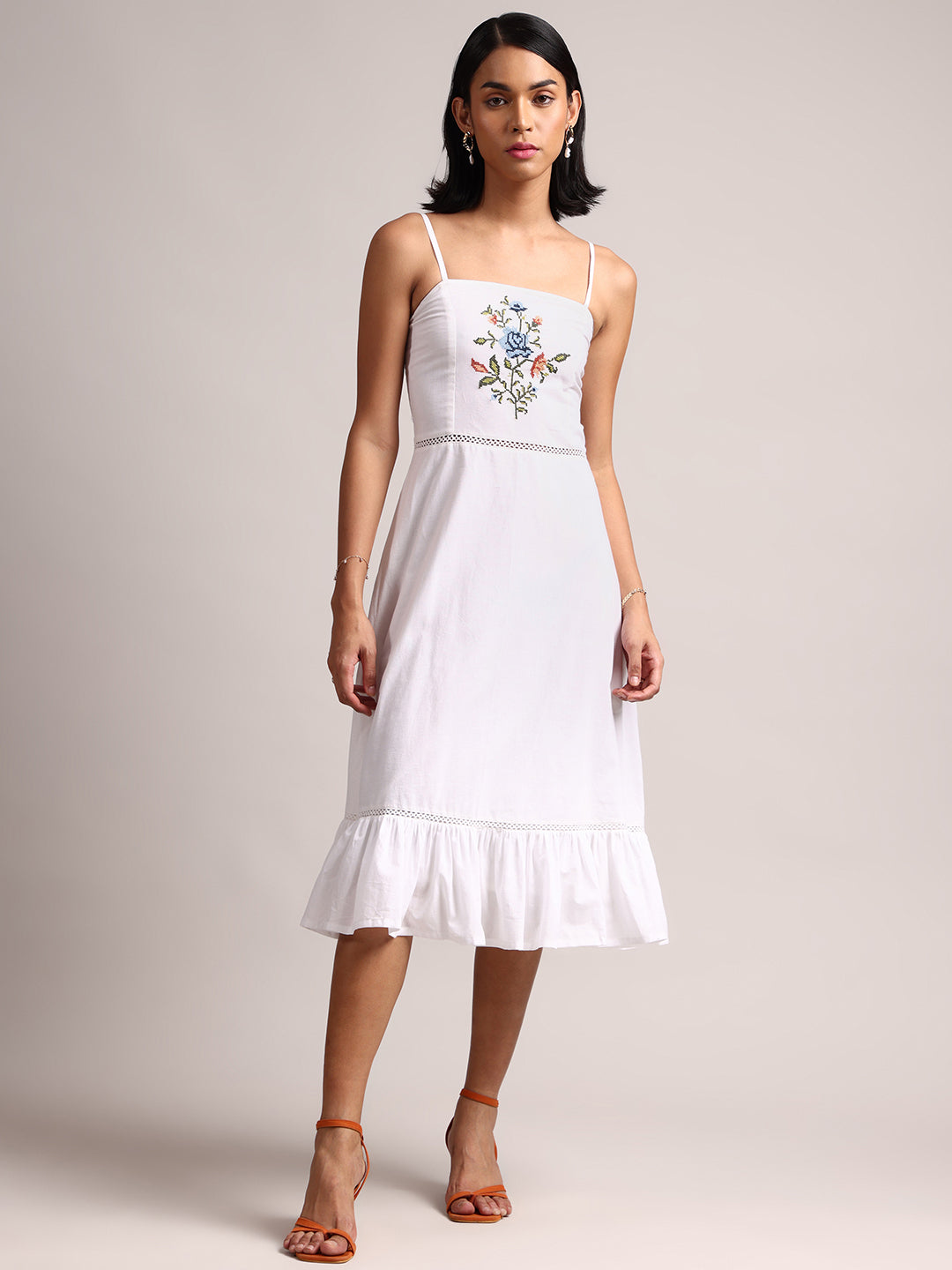 White Cotton Embroidered Fit & Flare Dress