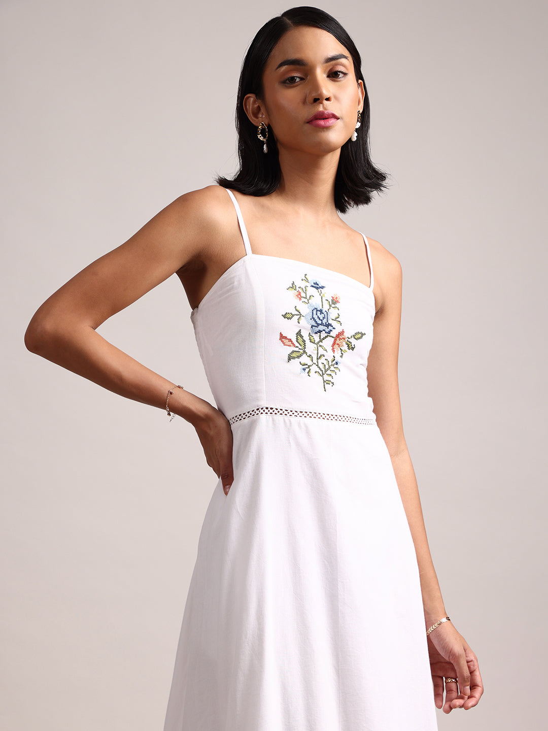 White Cotton Embroidered Fit & Flare Dress