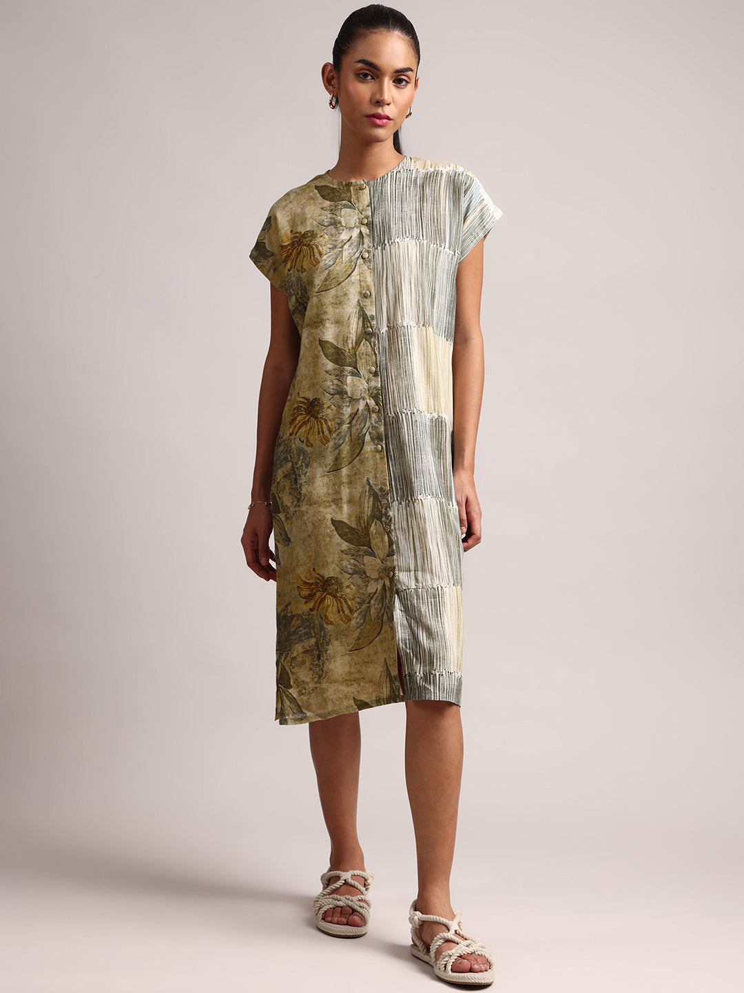 Olive Cotton Linen Floral Shirt Dress Dress