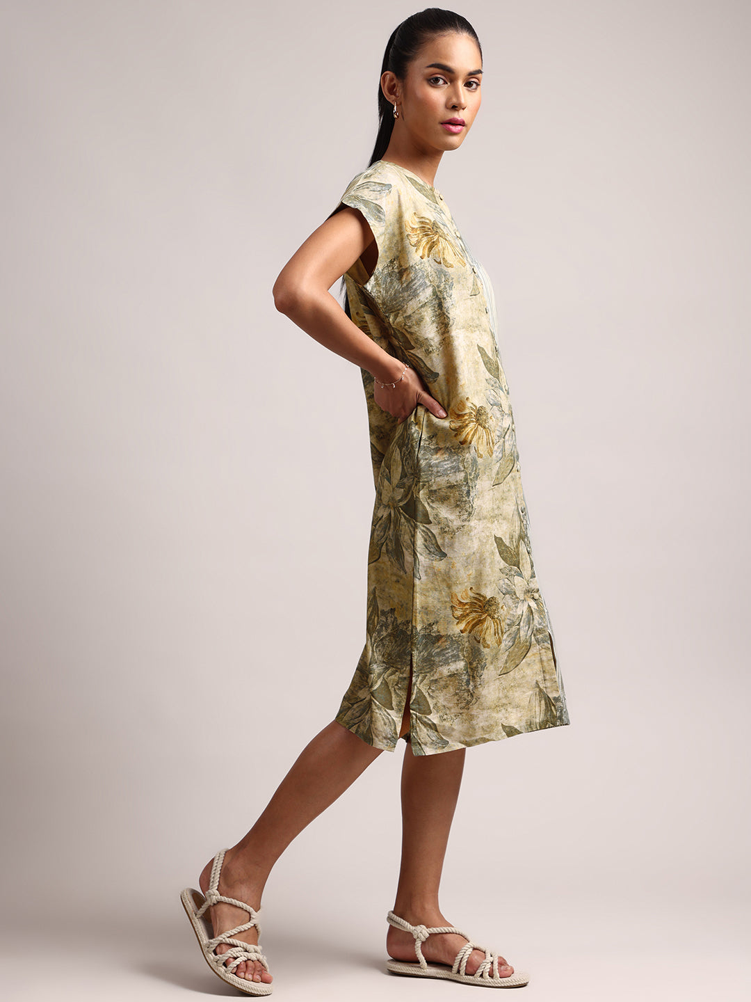 Olive Cotton Linen Floral Shirt Dress Dress