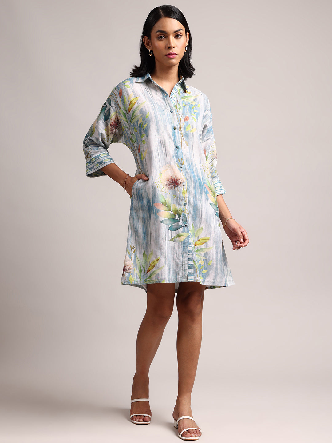 Blue Cotton Linen Floral Printed Shirt Dress