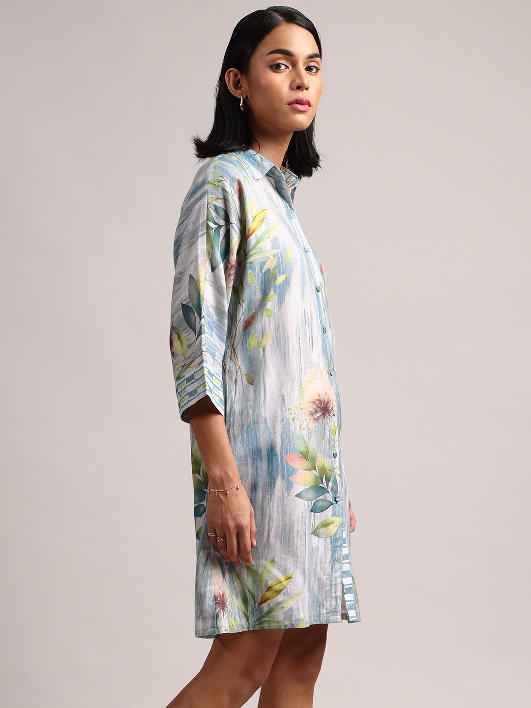 Blue Cotton Linen Floral Printed Shirt Dress