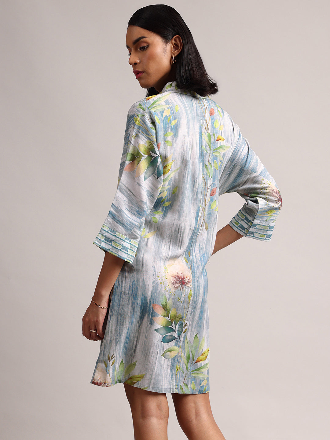 Blue Cotton Linen Floral Printed Shirt Dress