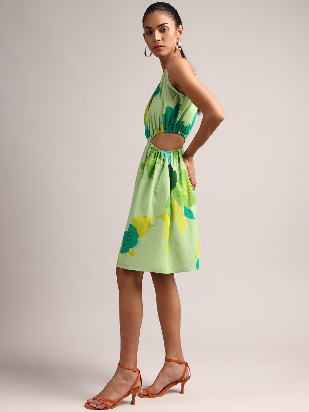 Green Pure Cotton Floral Printed Side Cut-Out Dress