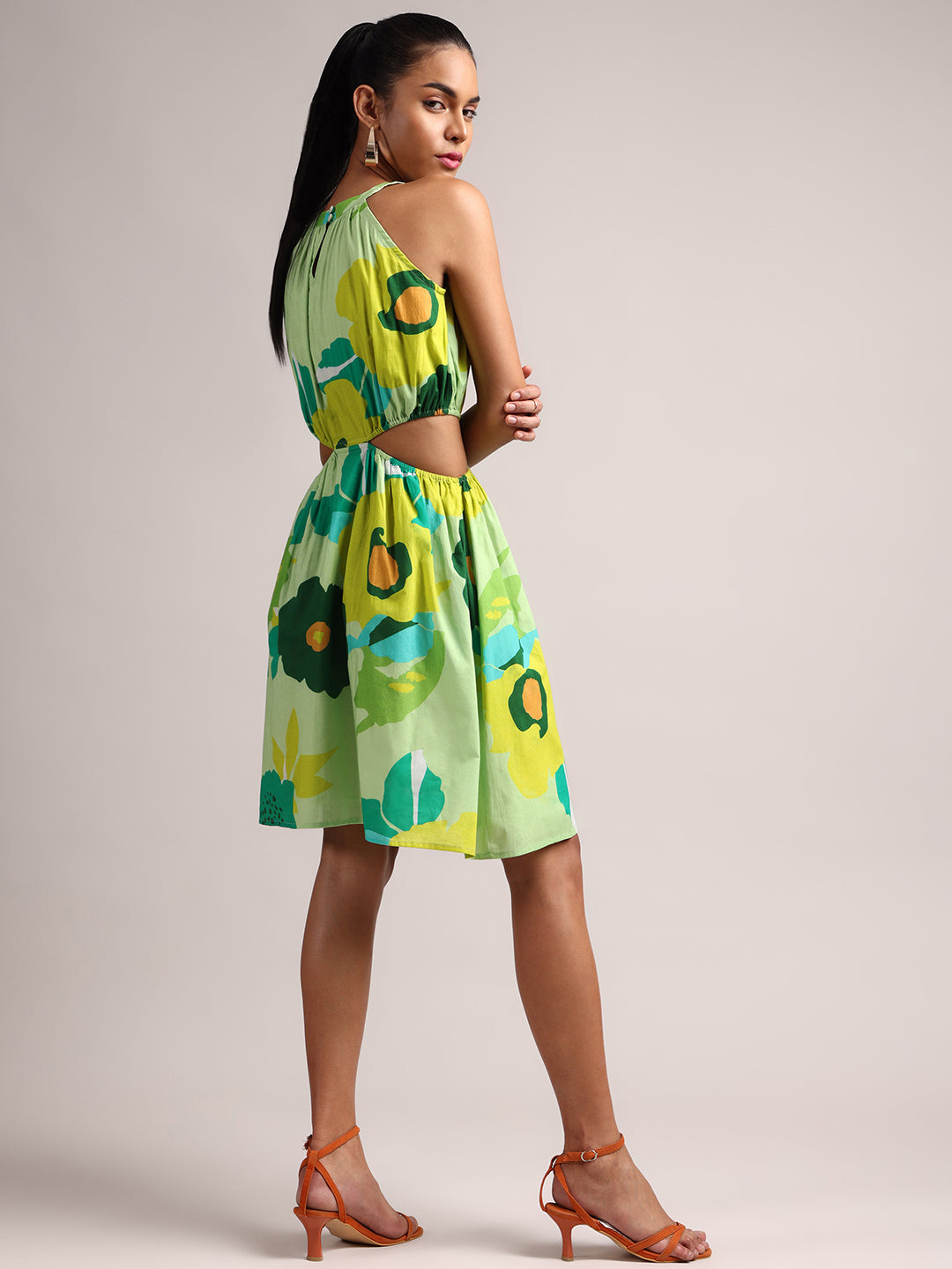 Green Pure Cotton Floral Printed Side Cut-Out Dress