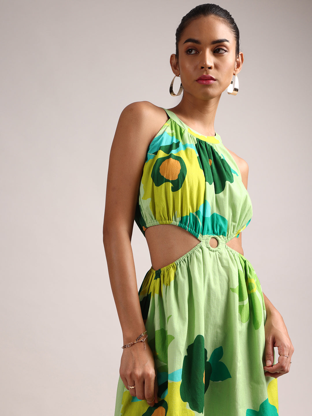 Green Pure Cotton Floral Printed Side Cut-Out Dress