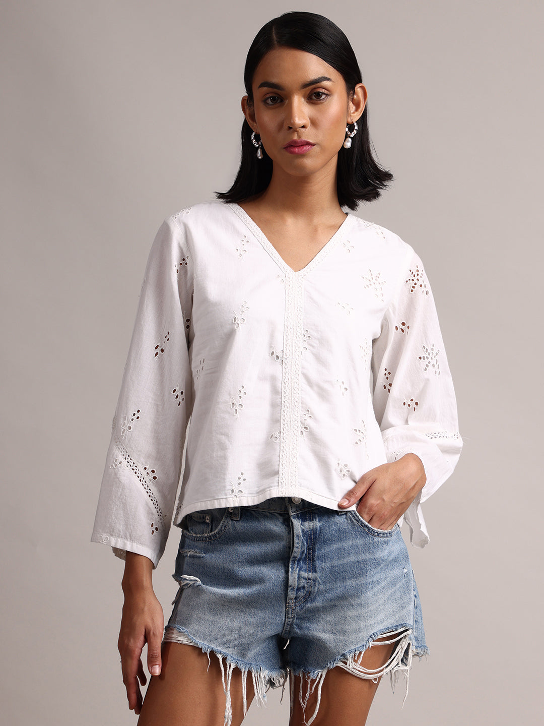 White Cotton Schiffli Regluar Top