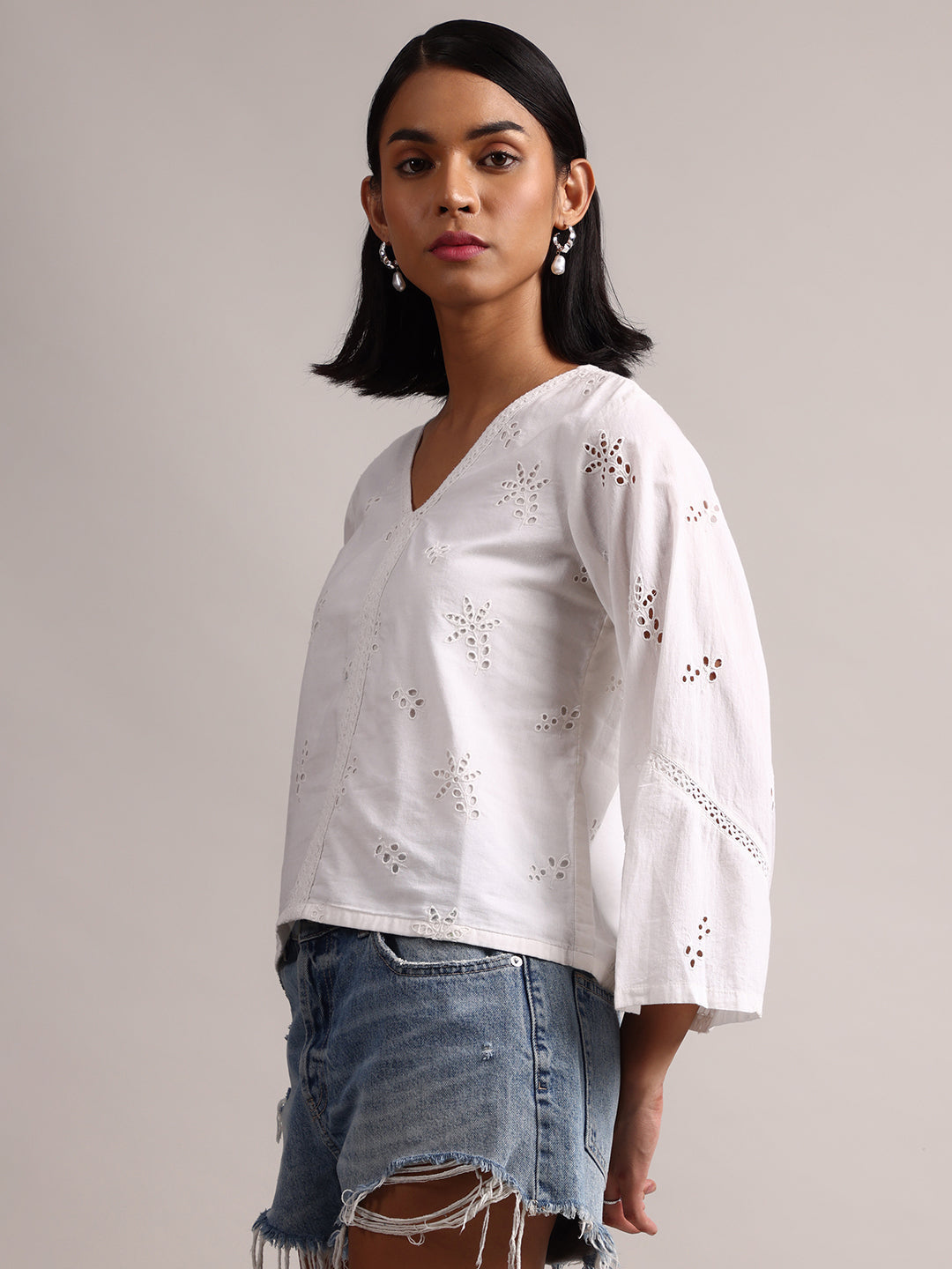 White Cotton Schiffli Regluar Top