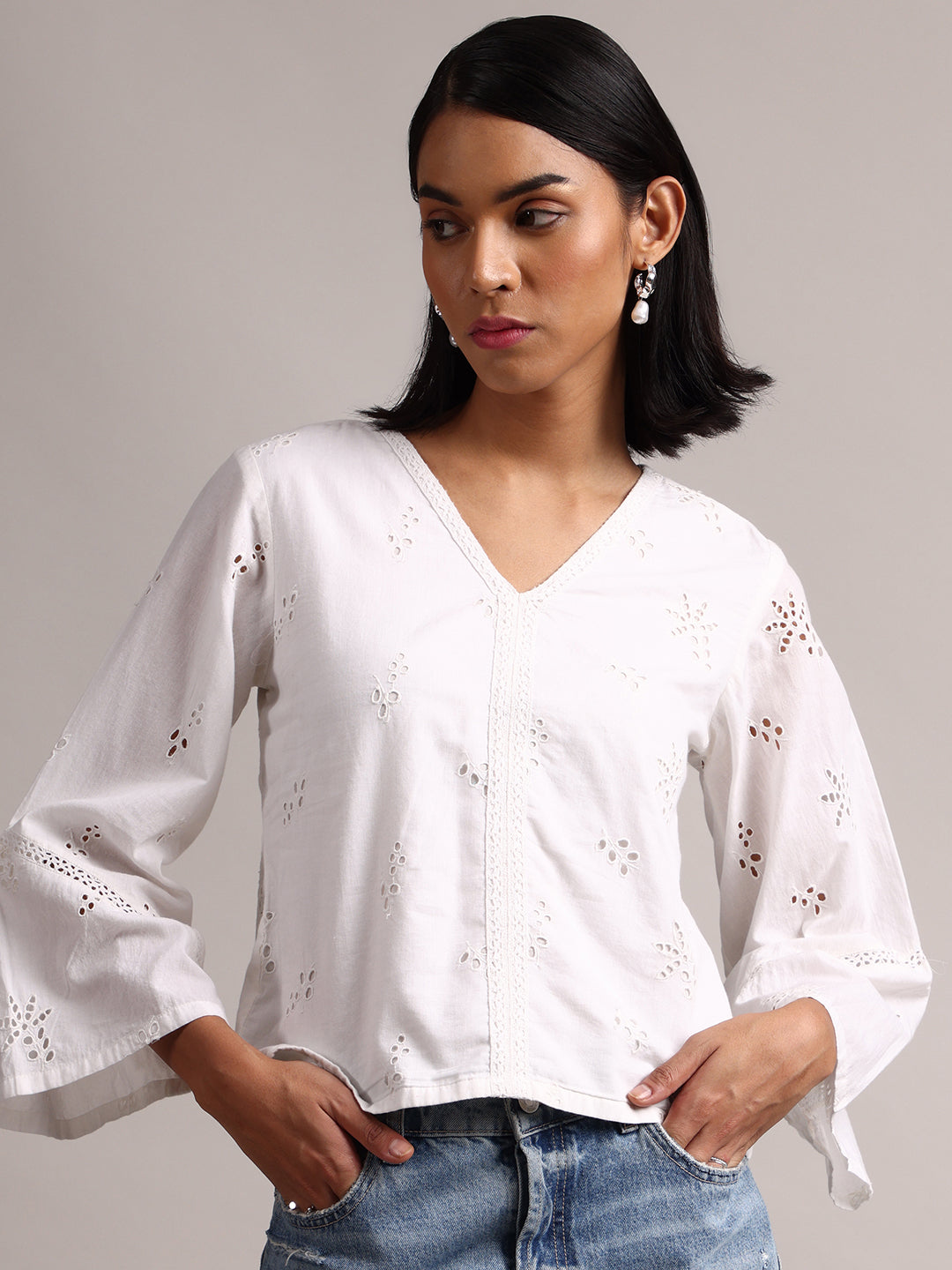 White Cotton Schiffli Regluar Top