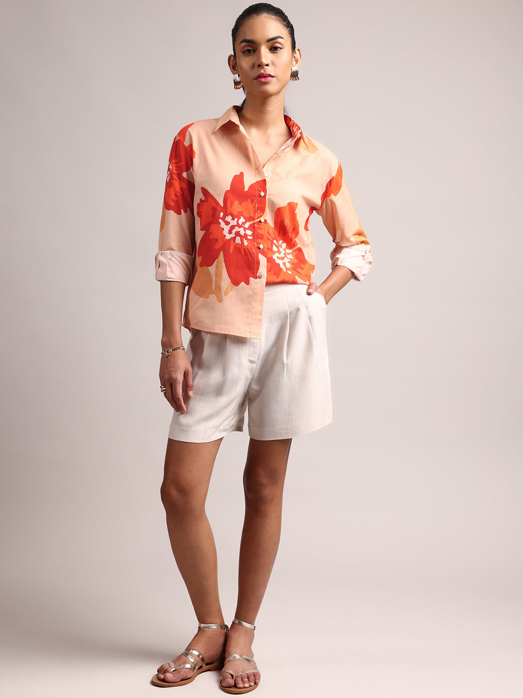 Peach Cotton Floral Shirt Top