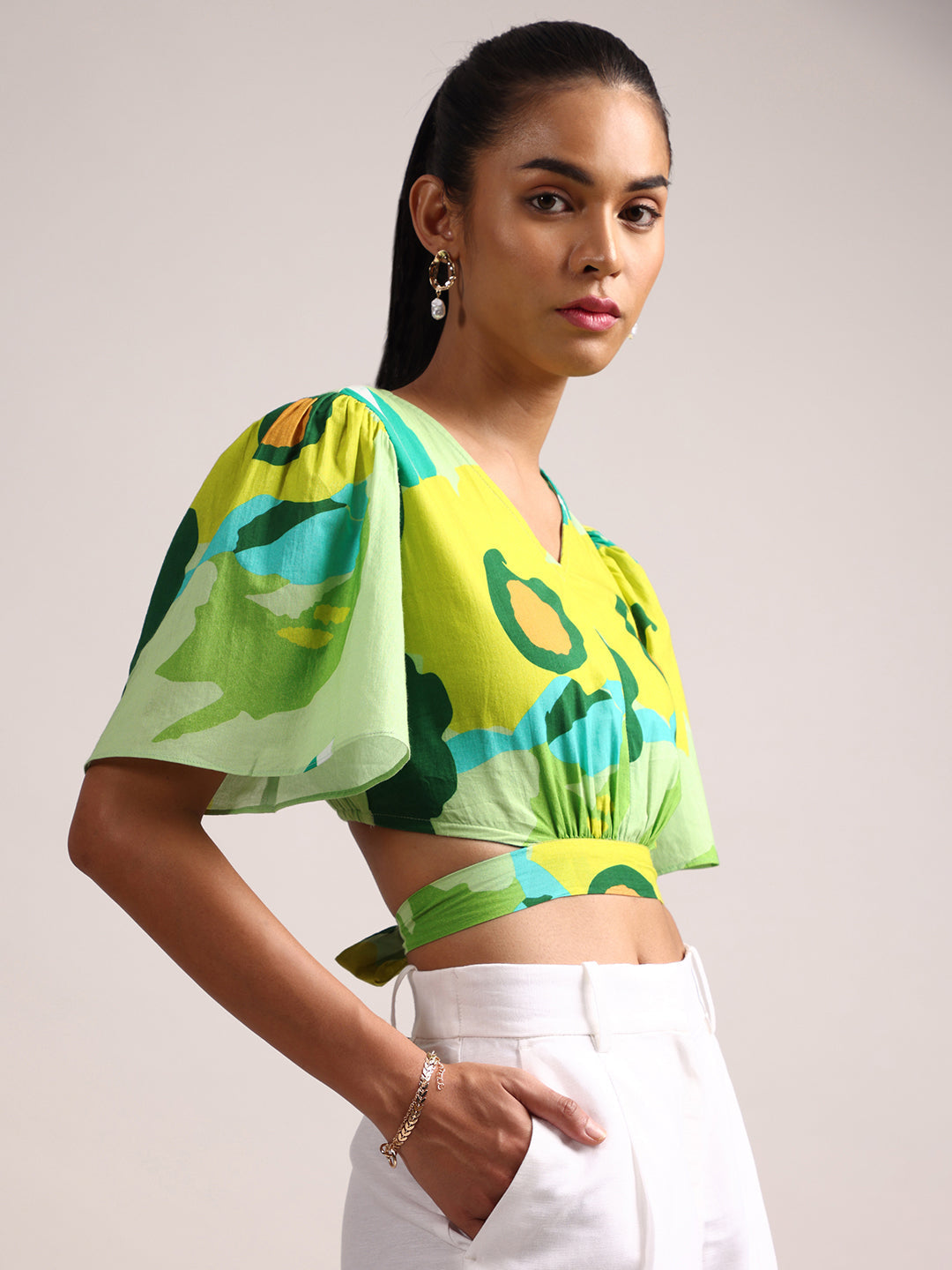 Green Cotton Floral Printed Crop Top