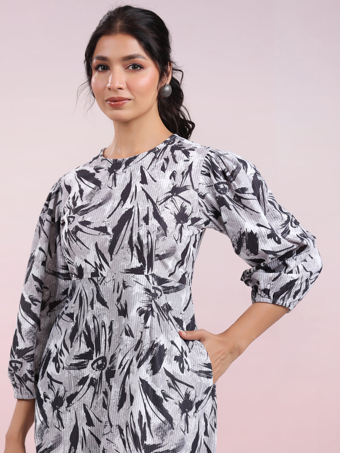 Grey Corduroy Abstract A-line Dress