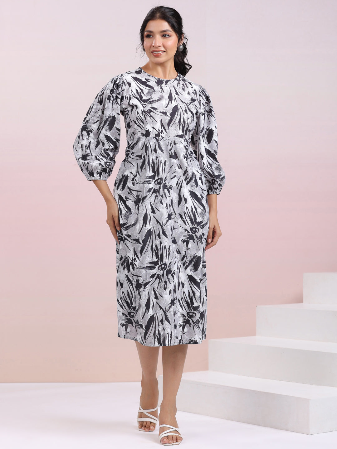 Grey Corduroy Abstract A-line Dress