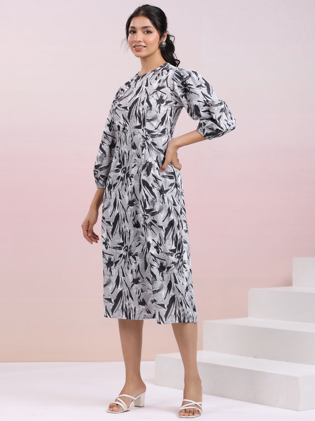 Grey Corduroy Abstract A-line Dress