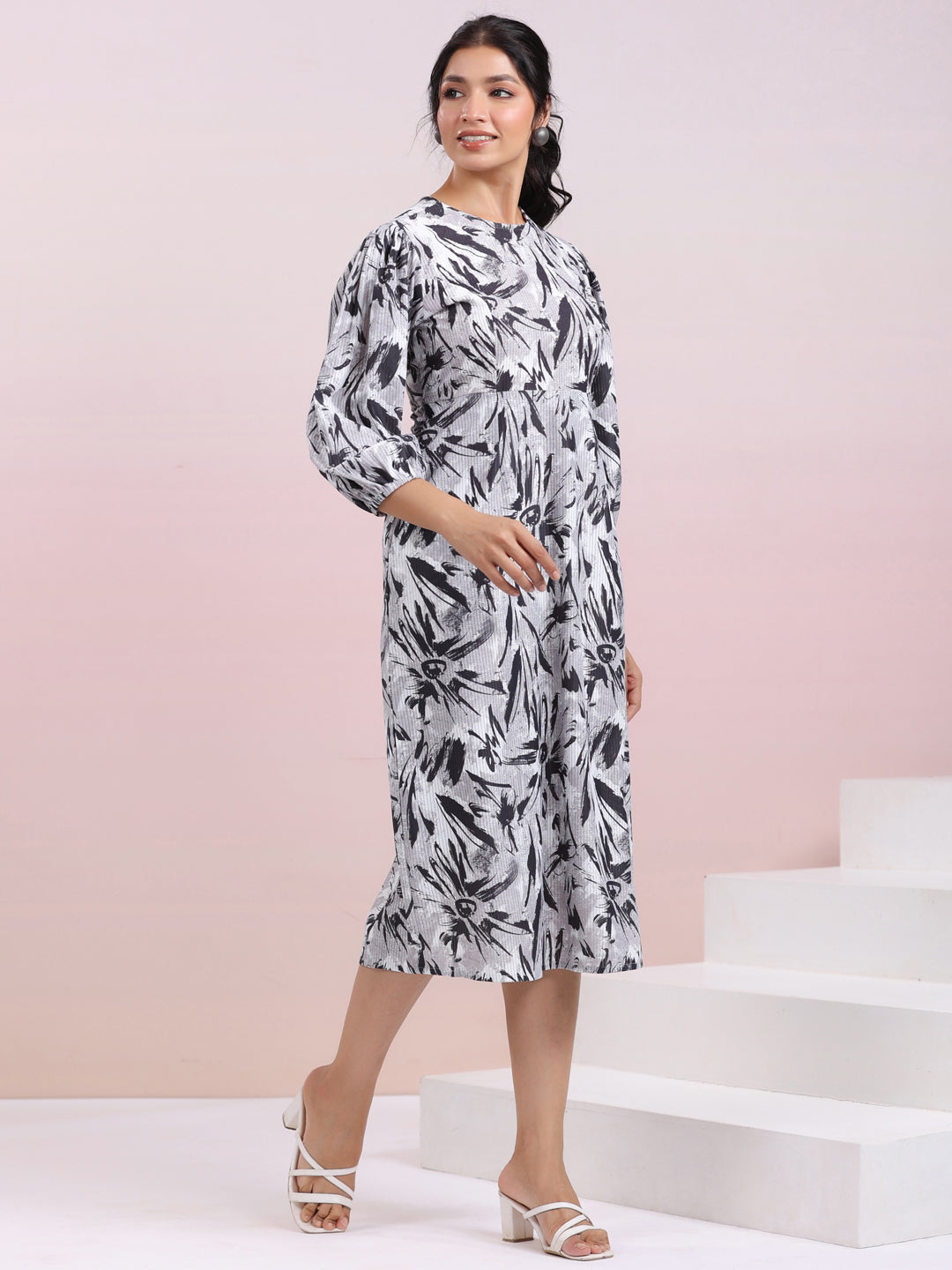 Grey Corduroy Abstract A-line Dress