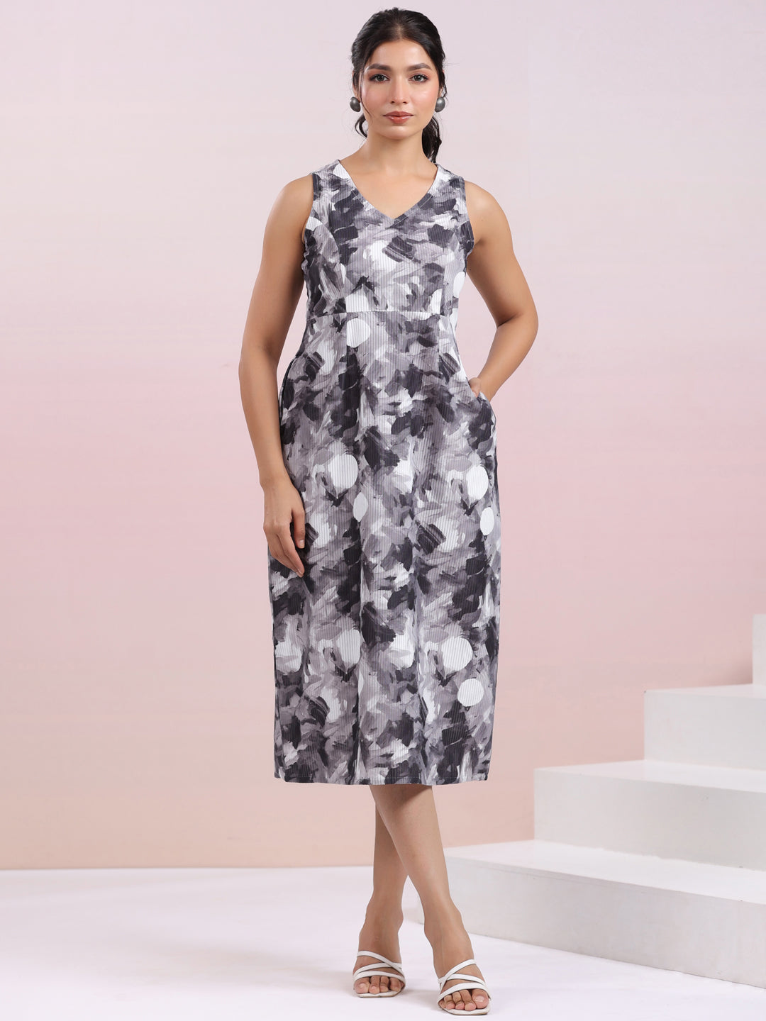 Grey Corduroy Abstract A-line Dress