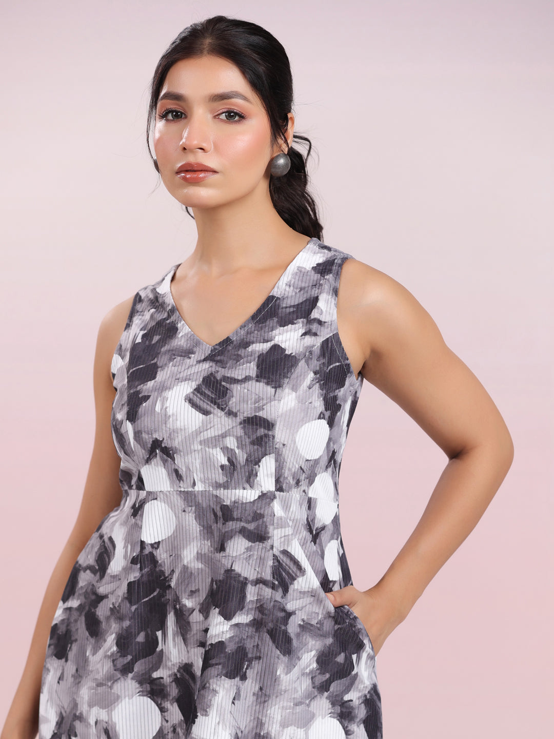 Grey Corduroy Abstract A-line Dress