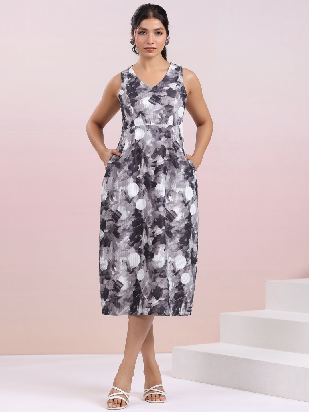 Grey Corduroy Abstract A-line Dress