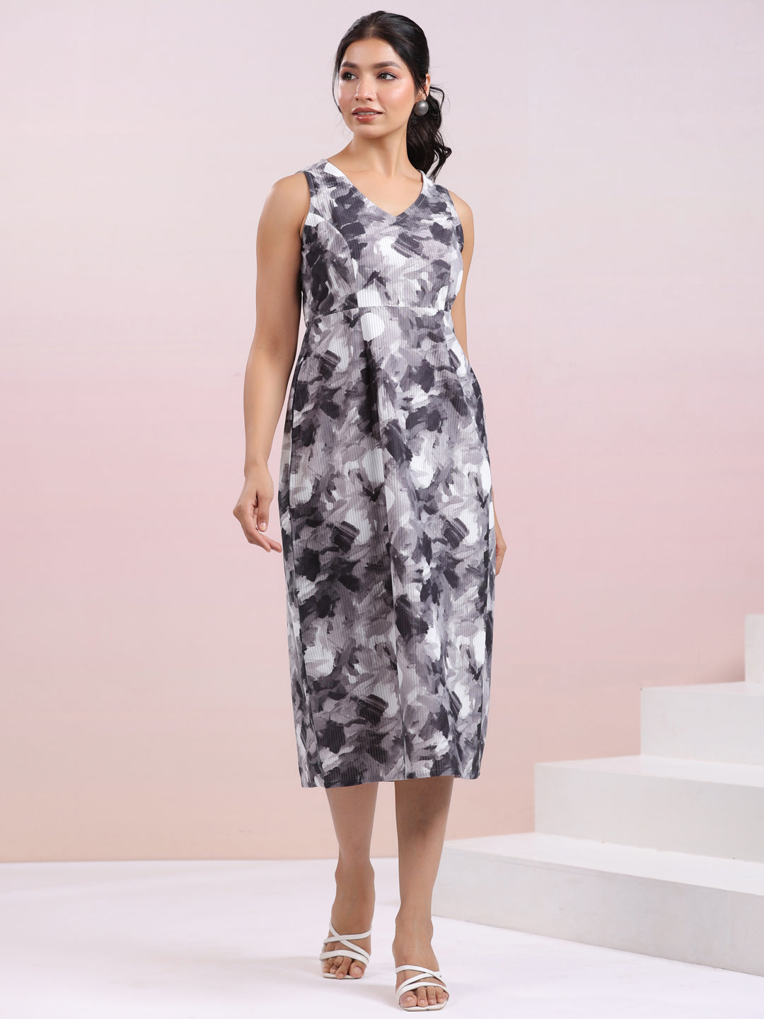 Grey Corduroy Abstract A-line Dress