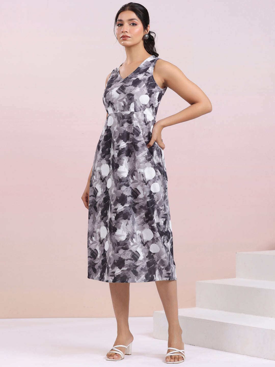 Grey Corduroy Abstract A-line Dress