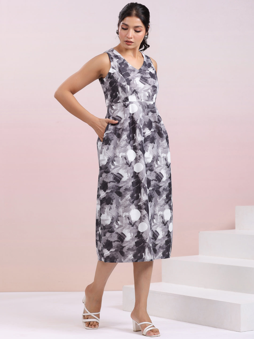 Grey Corduroy Abstract A-line Dress