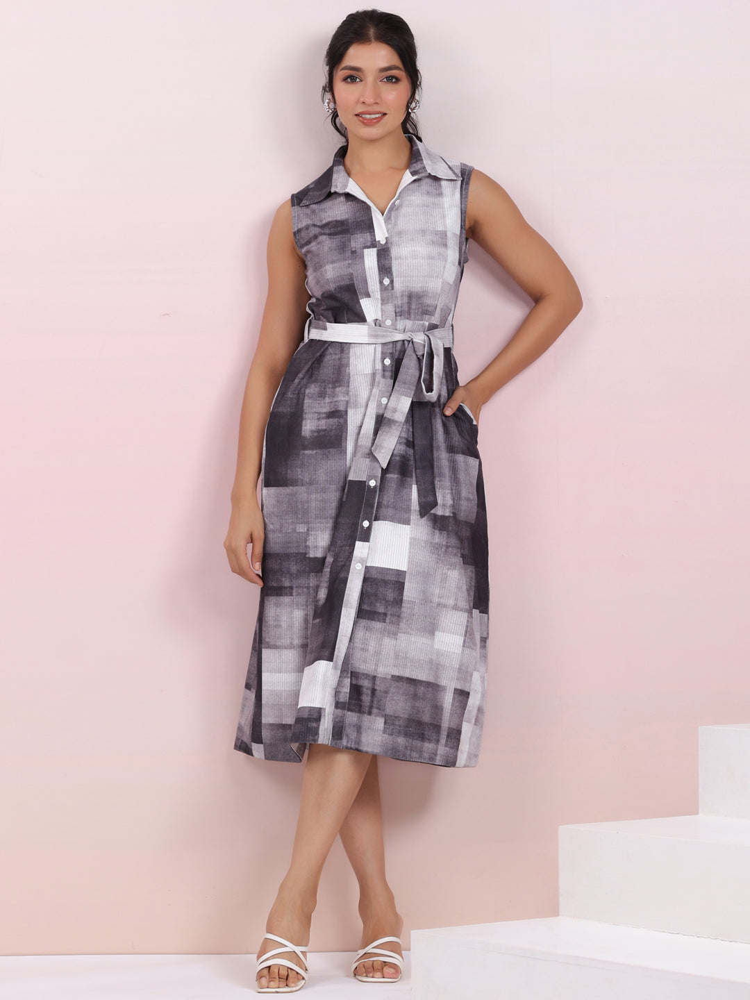 Grey Corduroy Abstract Shirt Style Dress