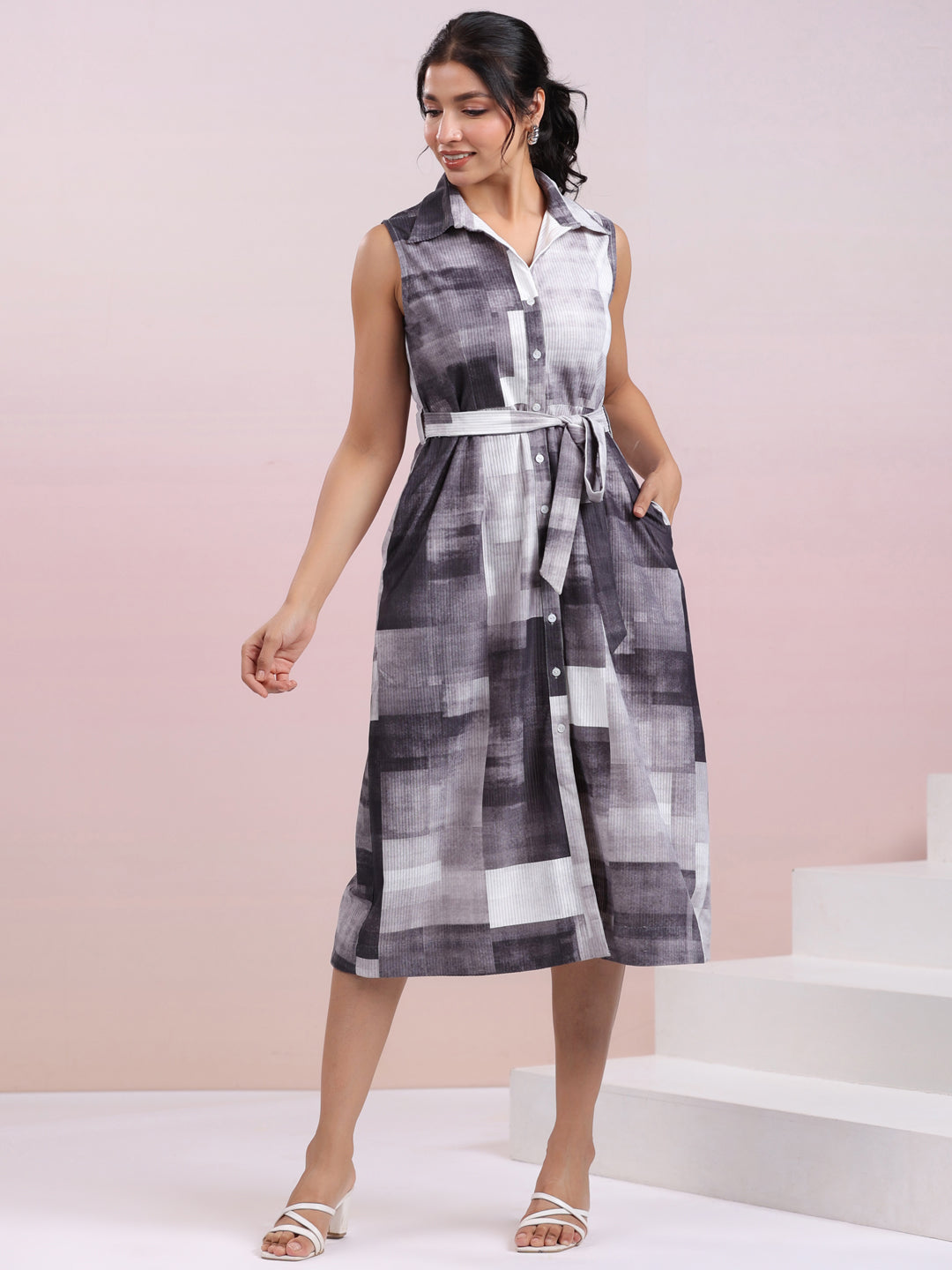 Grey Corduroy Abstract Shirt Style Dress