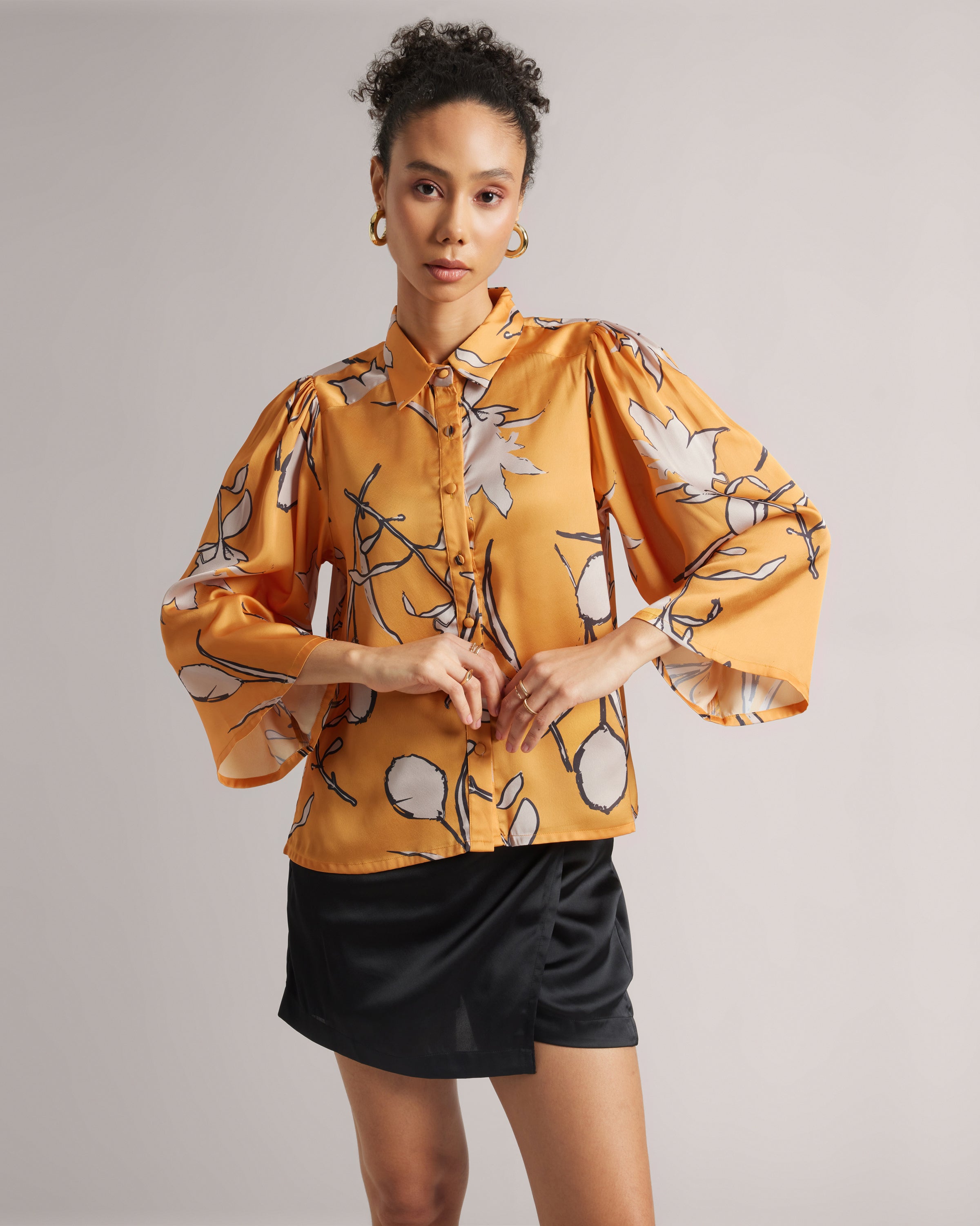 Amber Yellow Abstract Print Satin Shirt